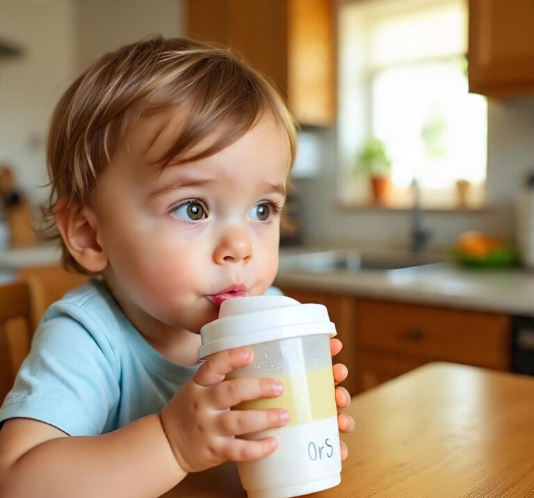 A baby drinking ors